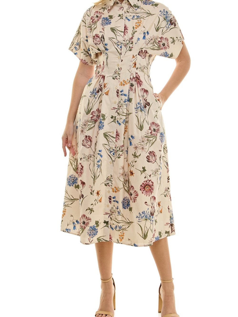 Nicole Miller Cream Floral Button-Front Midi Dress size 10 pleated waist